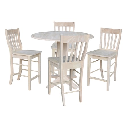International Concepts 42 in Round Drop Leaf Counter Height Dining Table with 4 Stools in Unfinished - 5 Piece Set K-42DPT-23B-S6162-4